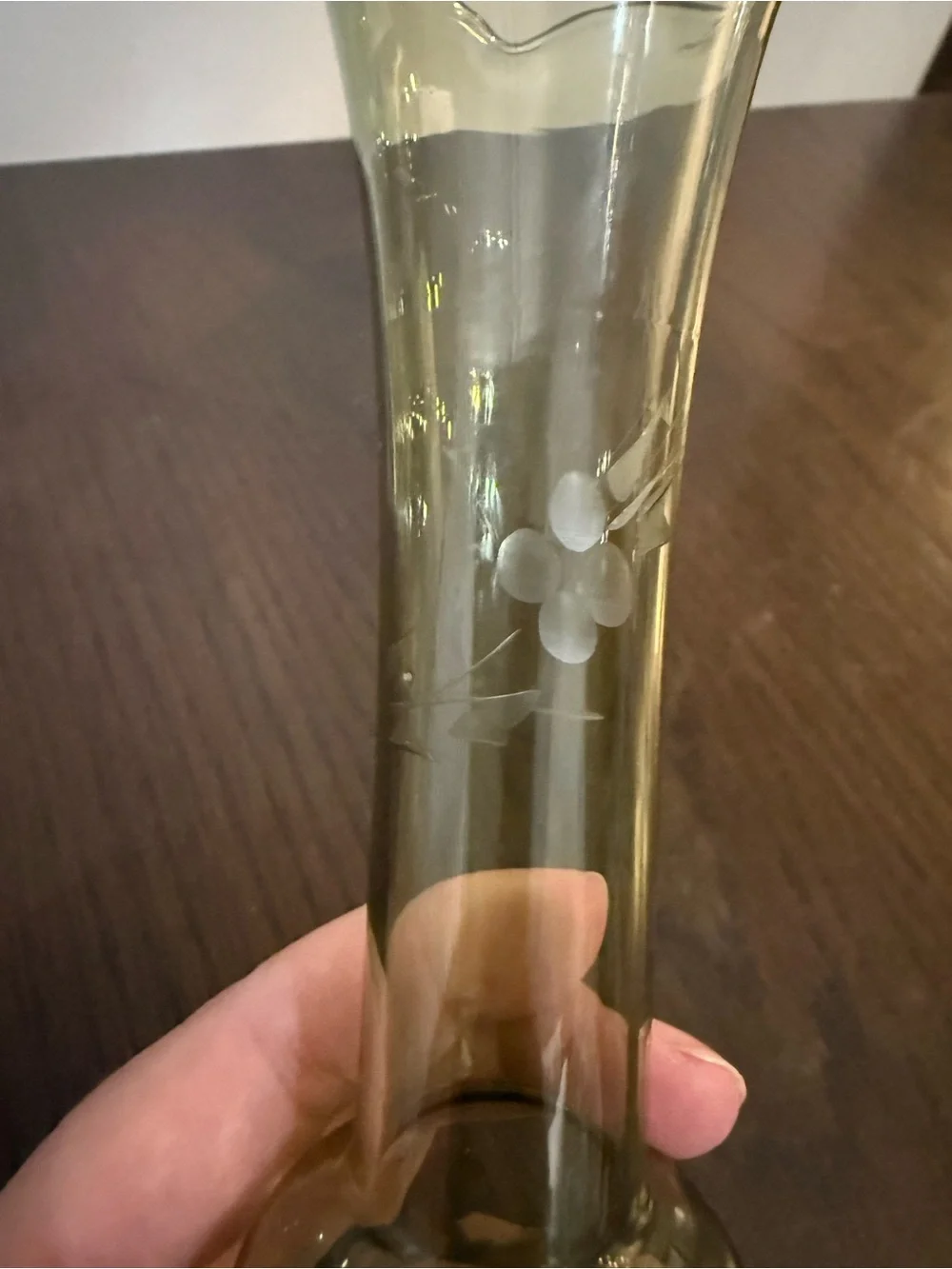 Vintage Olive Green Blown Glass Pedestal Bud Vase Ruffled Edge Etched Cut Flower